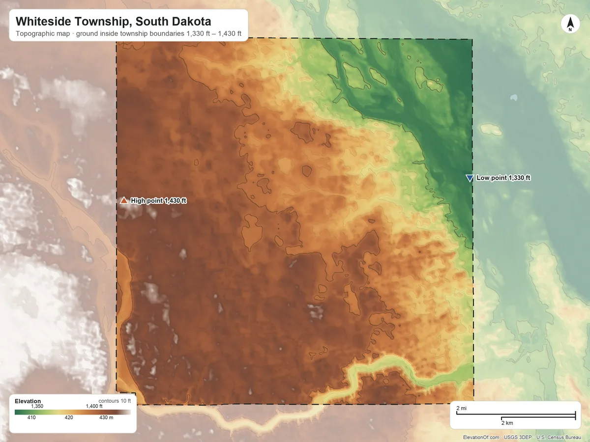 Topographic elevation map of Whiteside Township, South Dakota, shaded from 1,330 ft on the northeast side to 1,430 ft on the northwest side