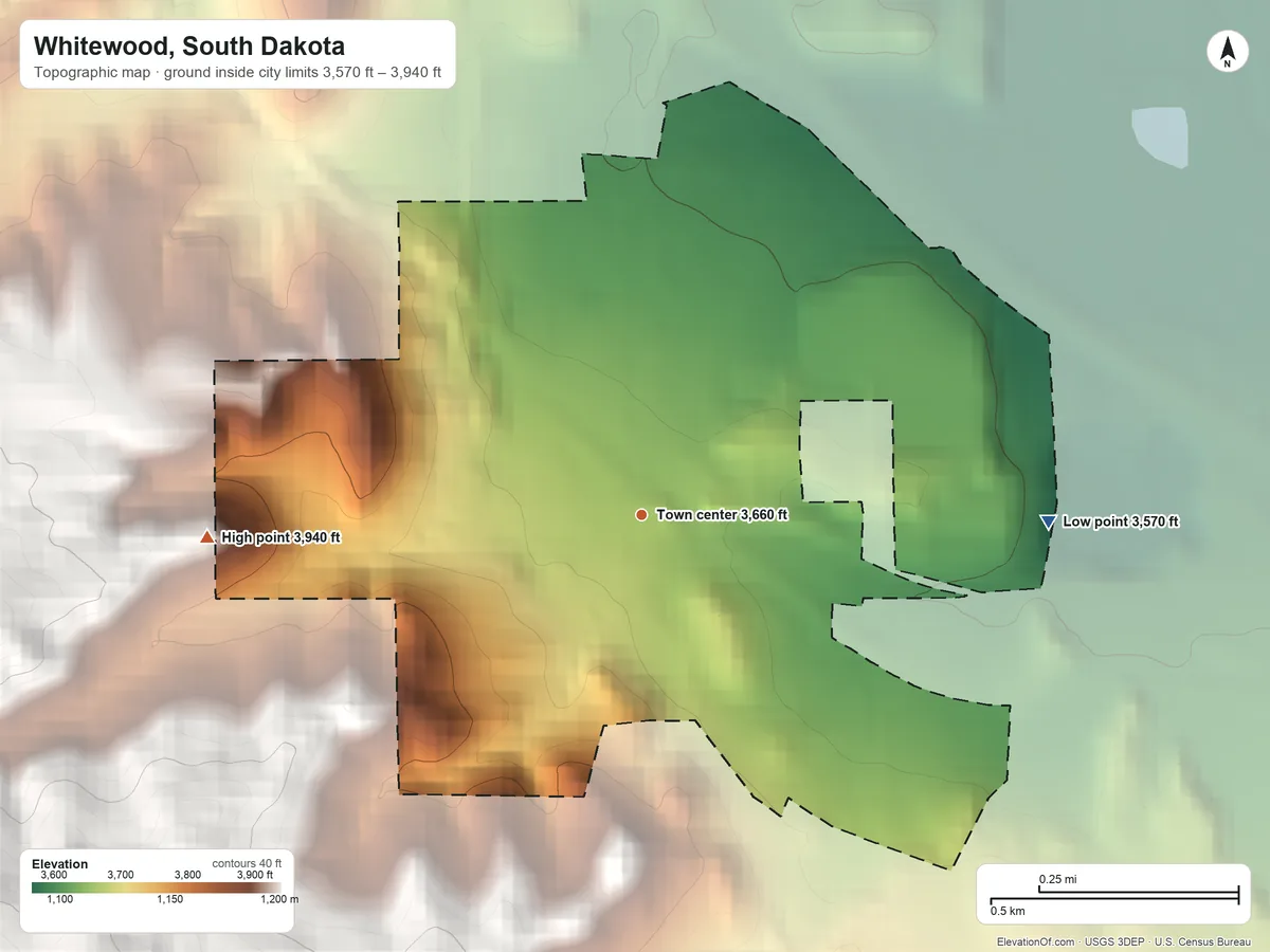 Topographic elevation map of Whitewood, South Dakota, shaded from 3,570 ft on the east side to 3,940 ft at the foot of the Black Hills