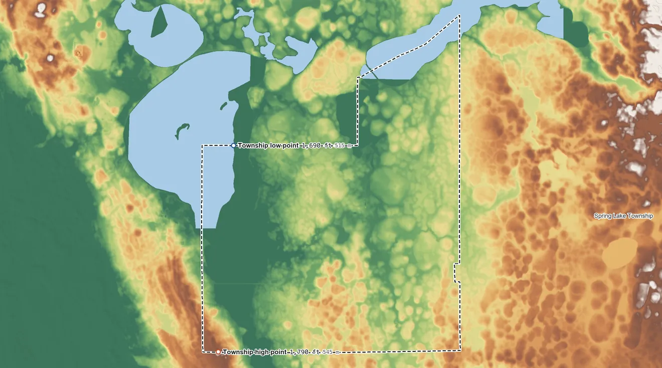 Topographic elevation map of Whitewood Township, South Dakota, shaded from 1,690 ft on the northwest side to 1,790 ft on the southwest side