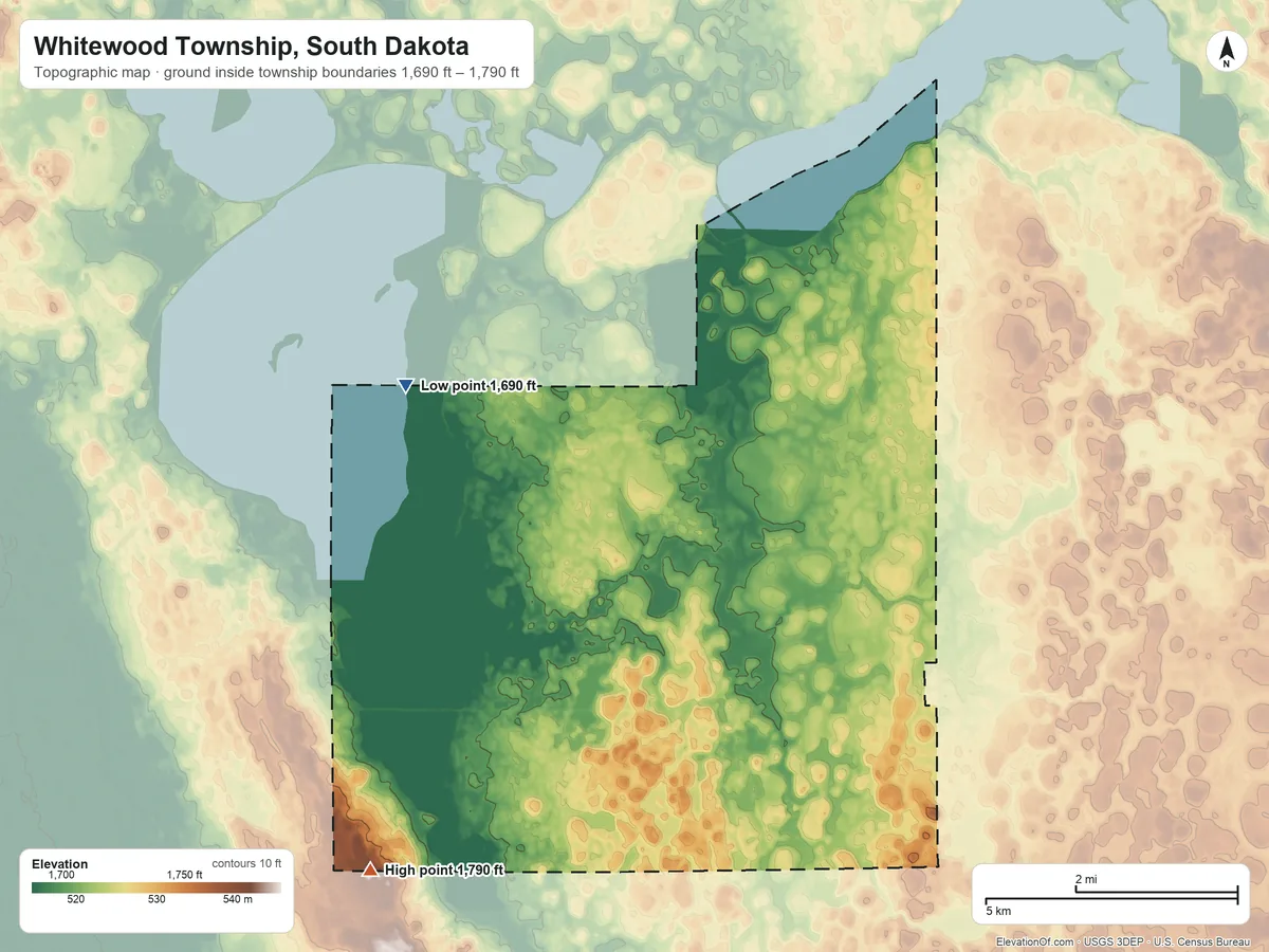 Topographic elevation map of Whitewood Township, South Dakota, shaded from 1,690 ft on the northwest side to 1,790 ft on the southwest side