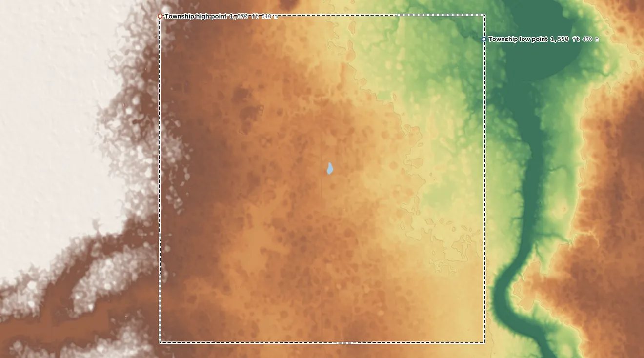 Topographic elevation map of Wilbur Township, South Dakota, shaded from 1,550 ft on the east side to 1,670 ft on the northwest side