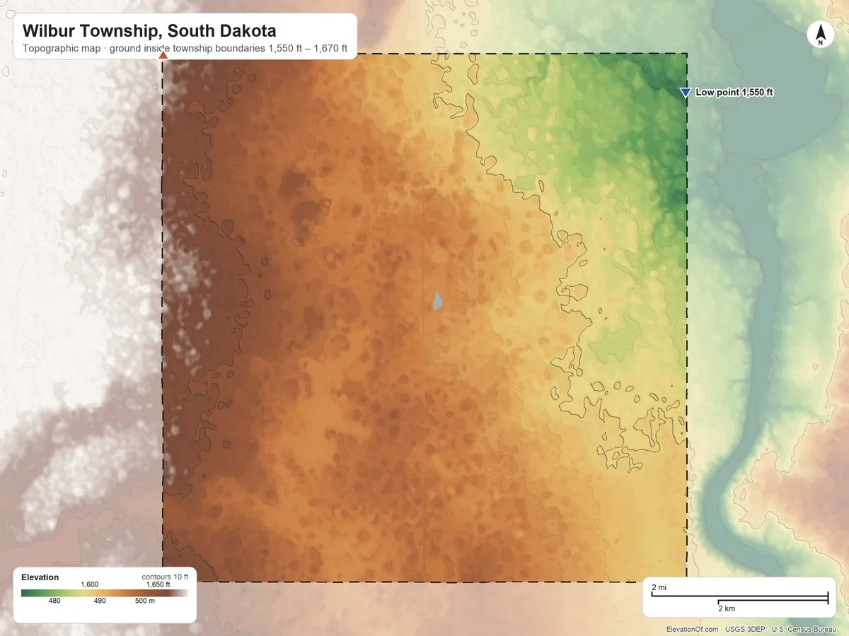 Topographic elevation map of Wilbur Township, South Dakota, shaded from 1,550 ft on the east side to 1,670 ft on the northwest side