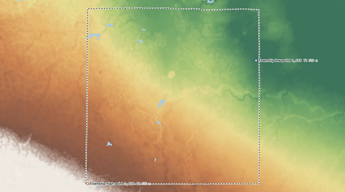 Topographic elevation map of William Hamilton Township, South Dakota, shaded from 1,640 ft on the northeast side to 1,820 ft on the southwest side