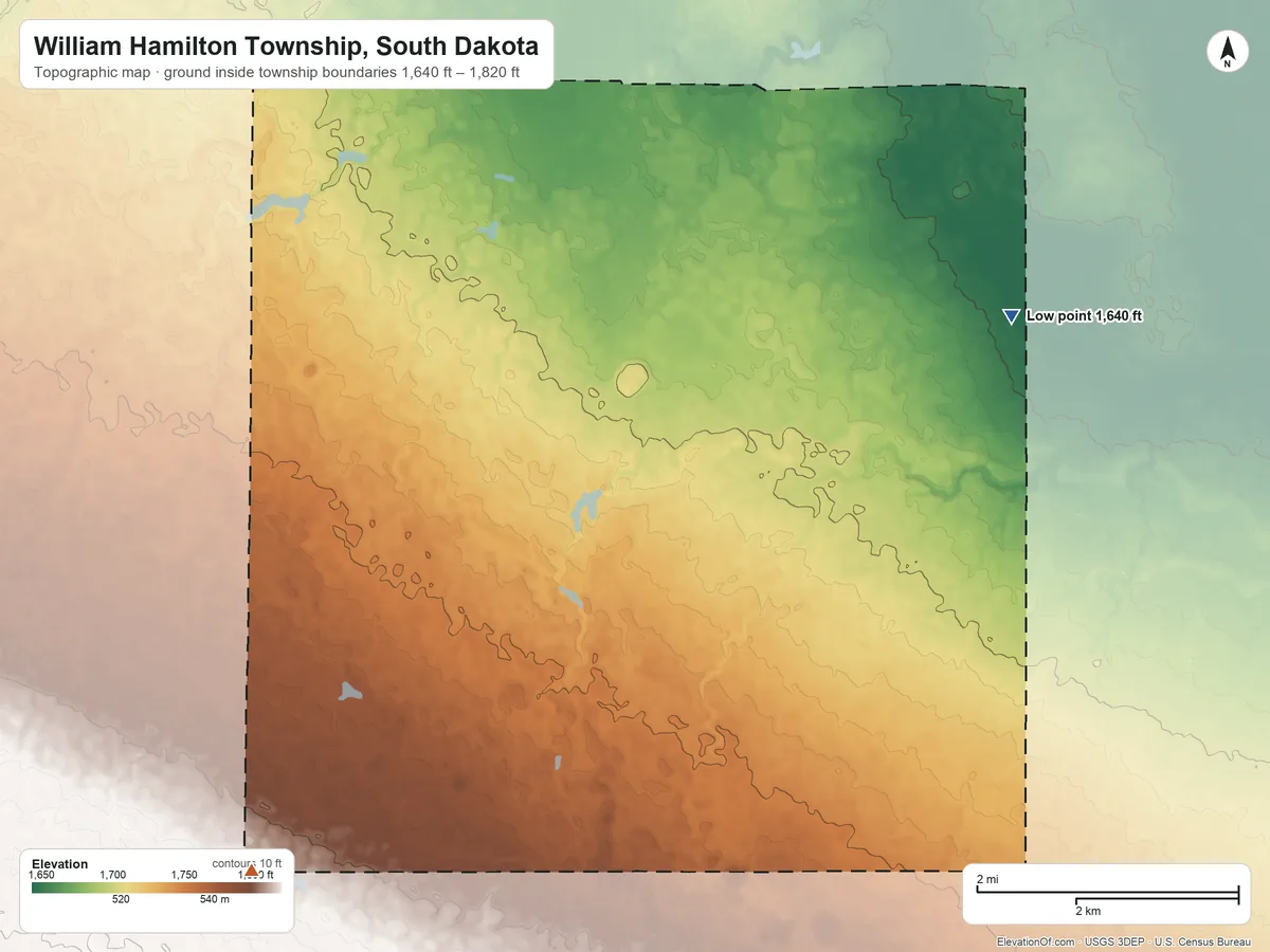 Topographic elevation map of William Hamilton Township, South Dakota, shaded from 1,640 ft on the northeast side to 1,820 ft on the southwest side