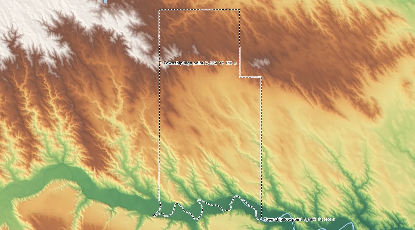 Topographic elevation map of Williams Creek Township, South Dakota, shaded from 1,660 ft on the southeast side to 2,260 ft on the northwest side