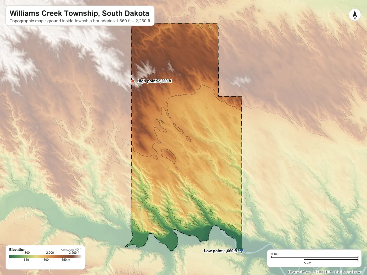 Topographic elevation map of Williams Creek Township, South Dakota, shaded from 1,660 ft on the southeast side to 2,260 ft on the northwest side