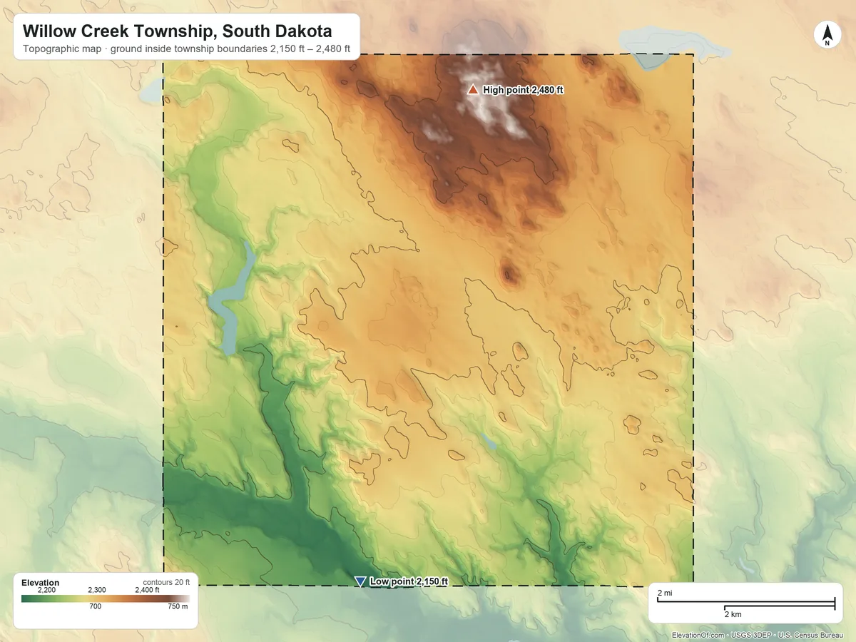 Topographic elevation map of Willow Creek Township, South Dakota, shaded from 2,150 ft on the south side to 2,480 ft on the north side