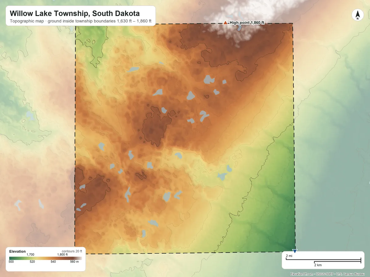 Topographic elevation map of Willow Lake Township, South Dakota, shaded from 1,630 ft on the southeast side to 1,860 ft on the north side