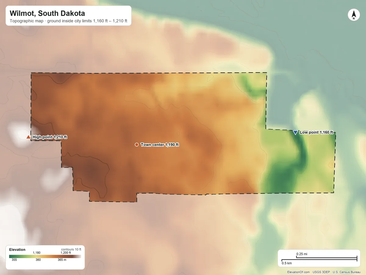 Topographic elevation map of Wilmot, South Dakota, shaded from 1,160 ft on the east side to 1,210 ft on the west side