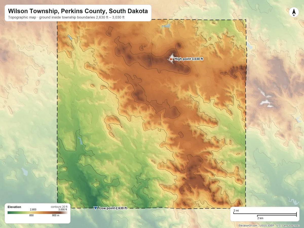 Topographic elevation map of Wilson Township, Perkins County, South Dakota, shaded from 2,630 ft on the southwest side to 3,030 ft near the middle