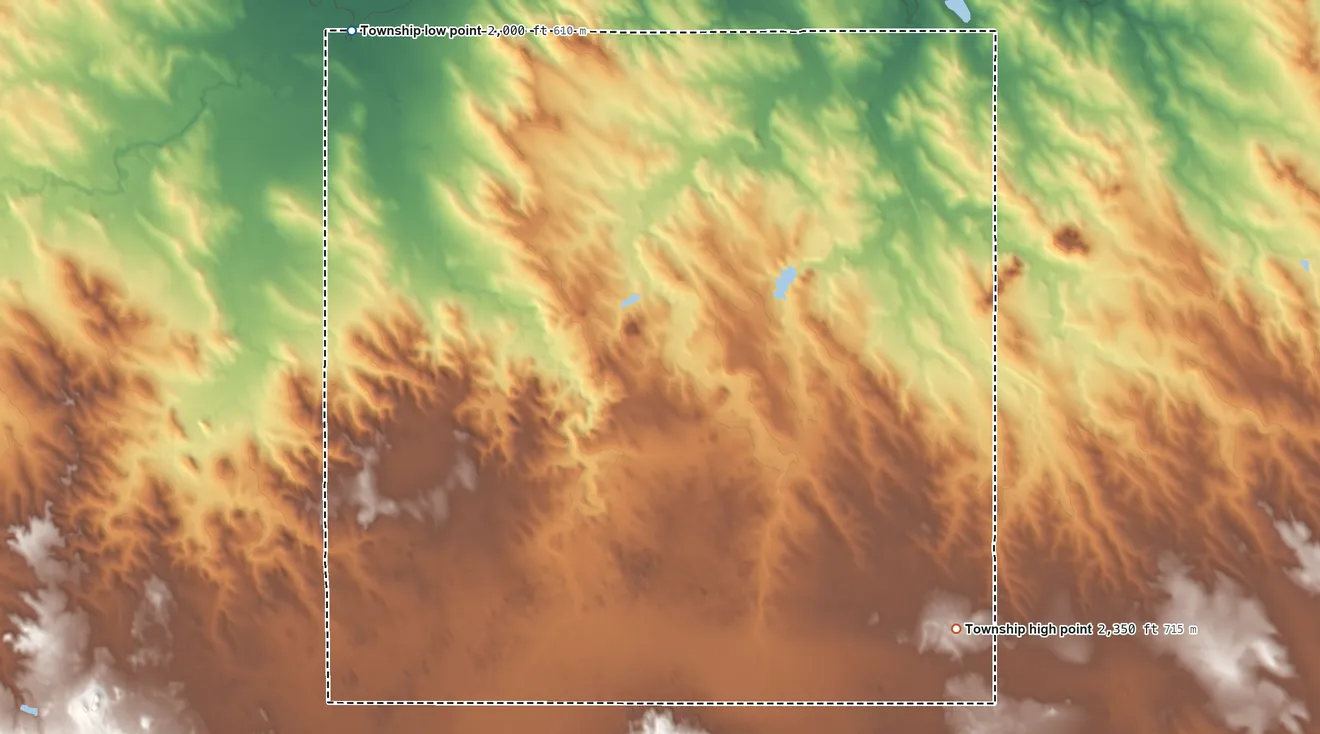 Topographic elevation map of Wilson Township, South Dakota, shaded from 2,000 ft on the northwest side to 2,350 ft on the southeast side