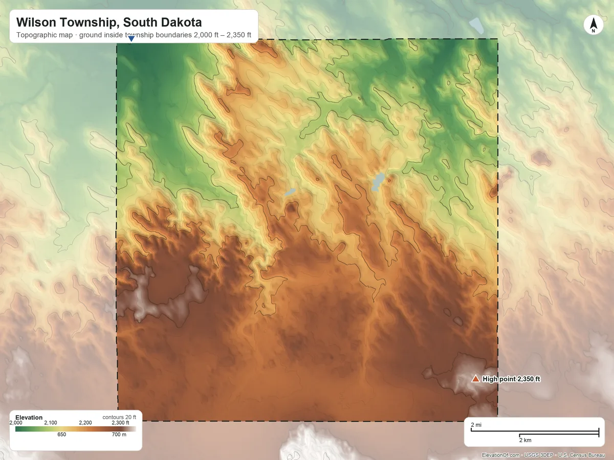 Topographic elevation map of Wilson Township, South Dakota, shaded from 2,000 ft on the northwest side to 2,350 ft on the southeast side