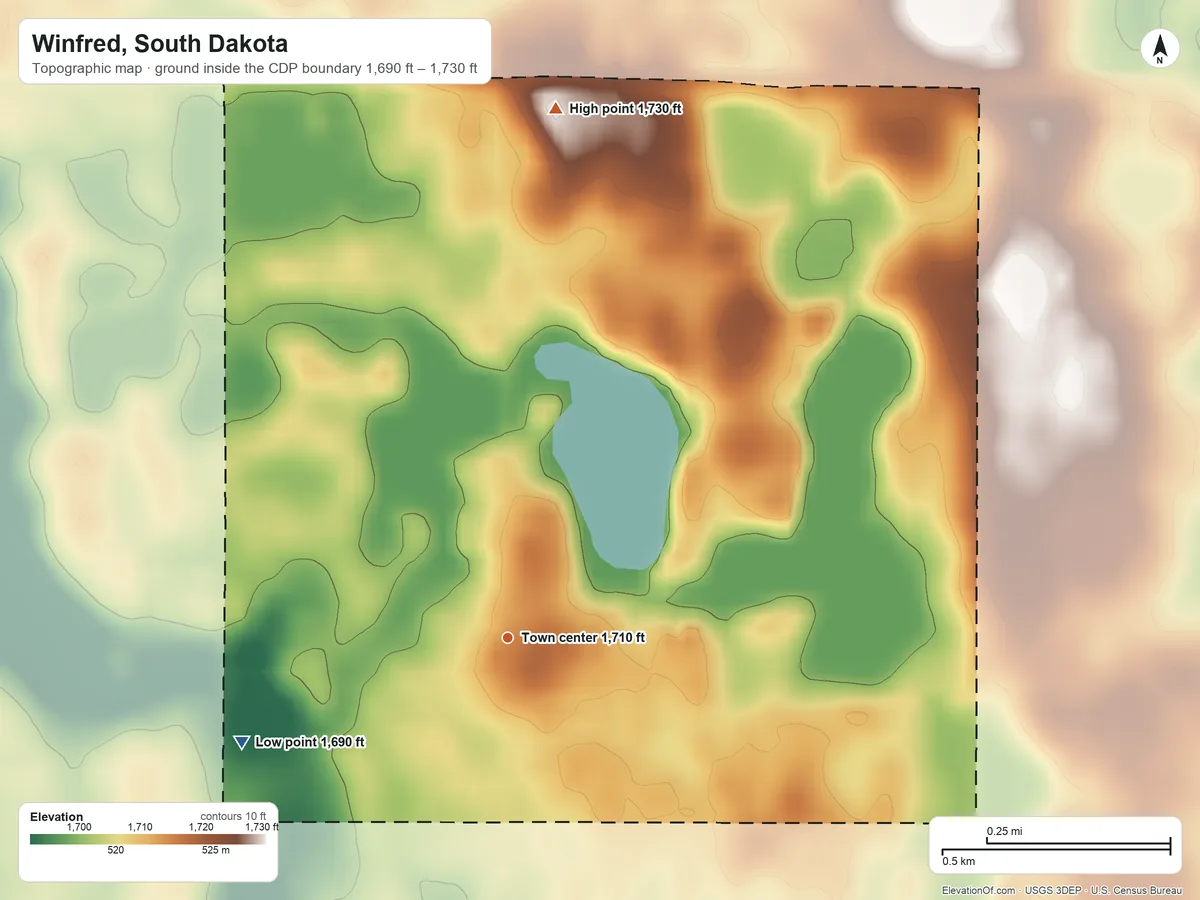 Topographic elevation map of Winfred, South Dakota, shaded from 1,690 ft on the west side to 1,730 ft on the north side