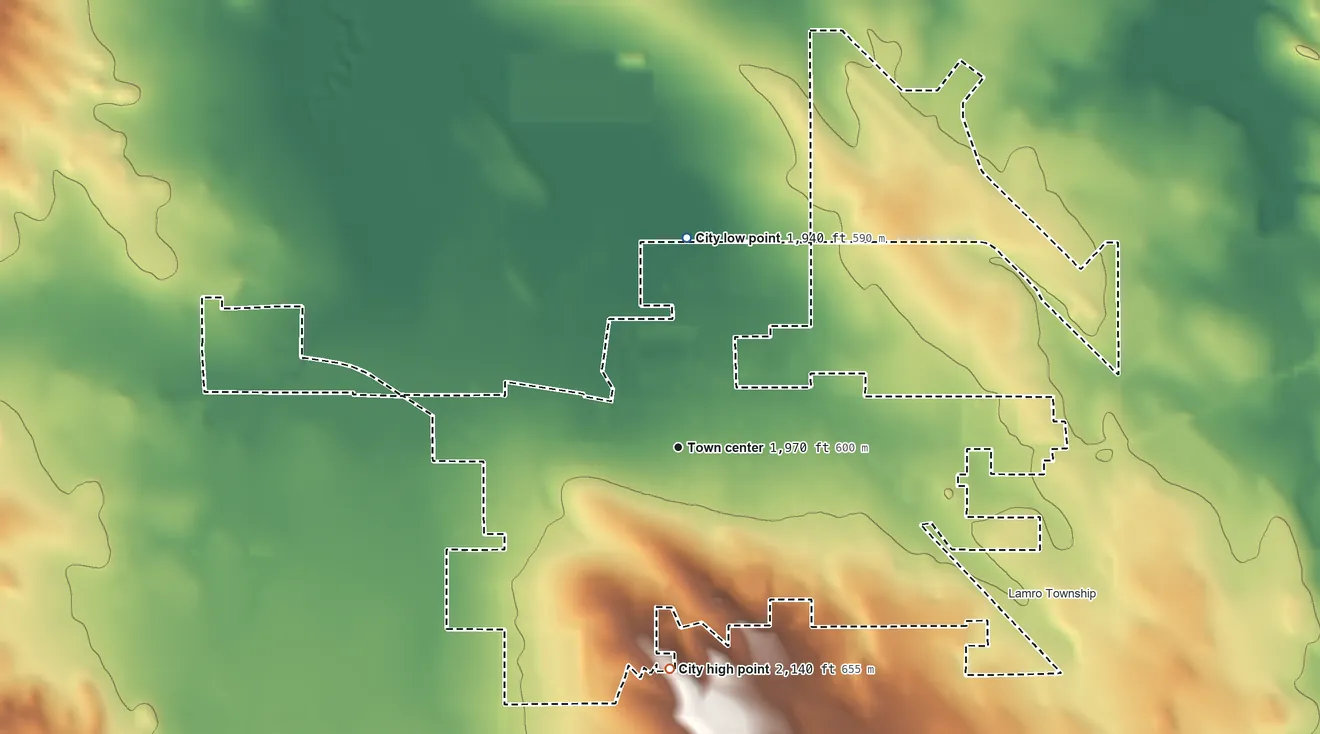 Topographic elevation map of Winner, South Dakota, shaded from 1,940 ft on the north side to 2,140 ft on the south side