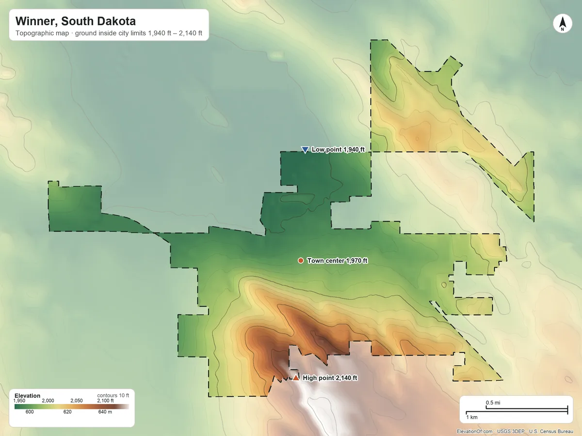 Topographic elevation map of Winner, South Dakota, shaded from 1,940 ft on the north side to 2,140 ft on the south side