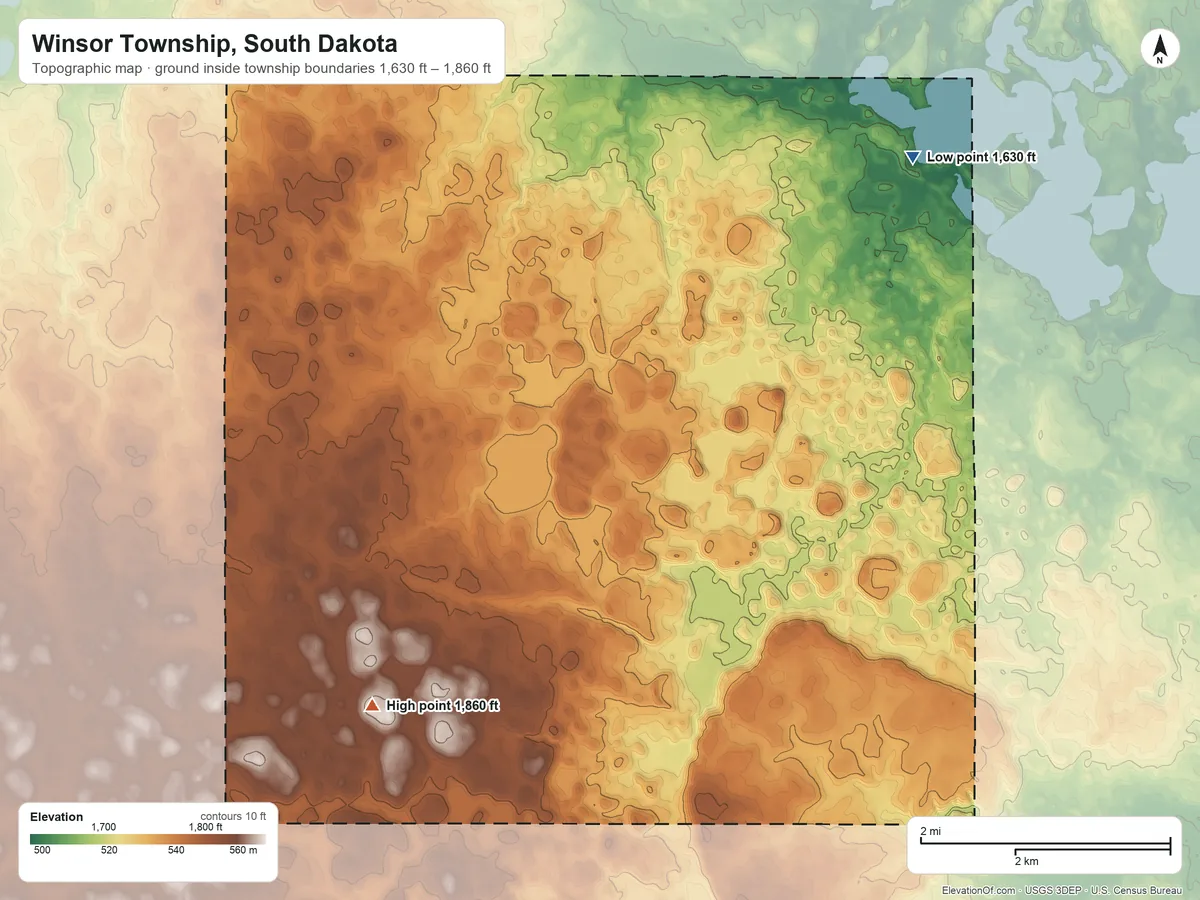Topographic elevation map of Winsor Township, South Dakota, shaded from 1,630 ft on the northeast side to 1,860 ft on the southwest side
