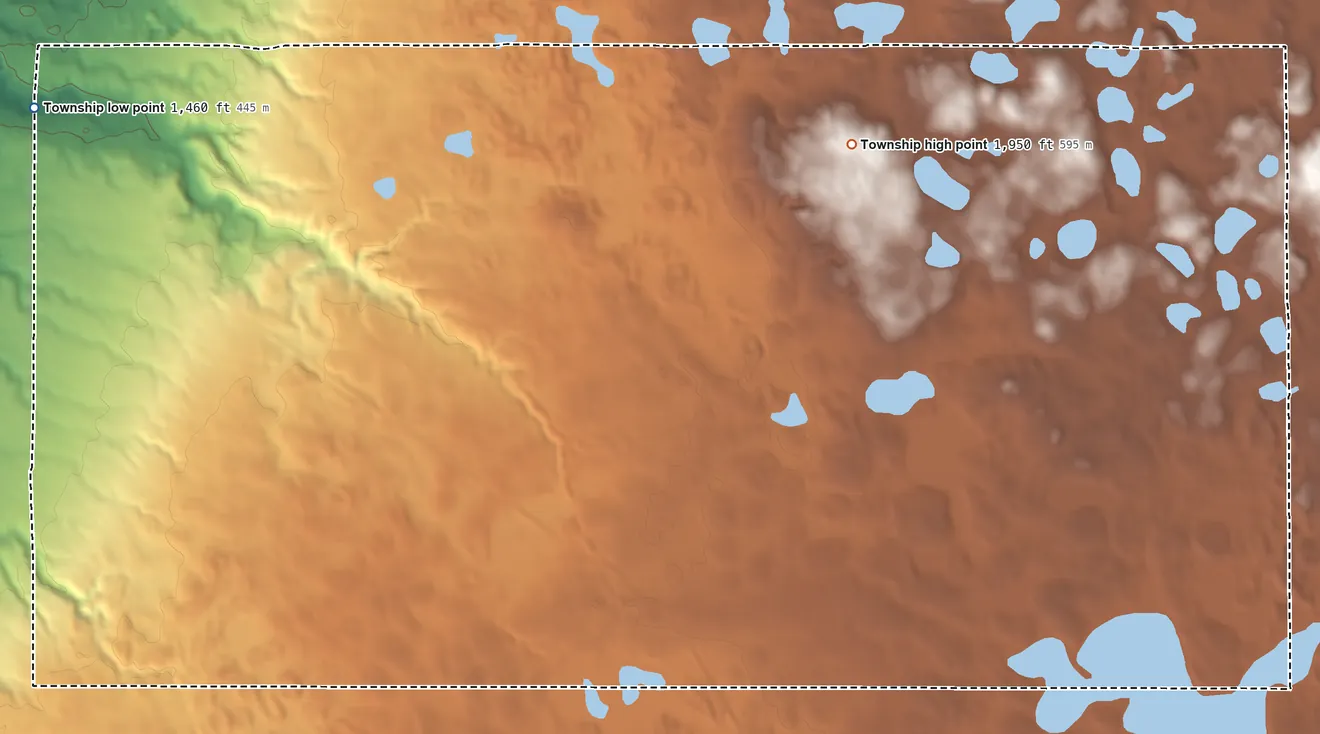 Topographic elevation map of Wismer Township, South Dakota, shaded from 1,460 ft on the northwest side to 1,950 ft on the northeast side