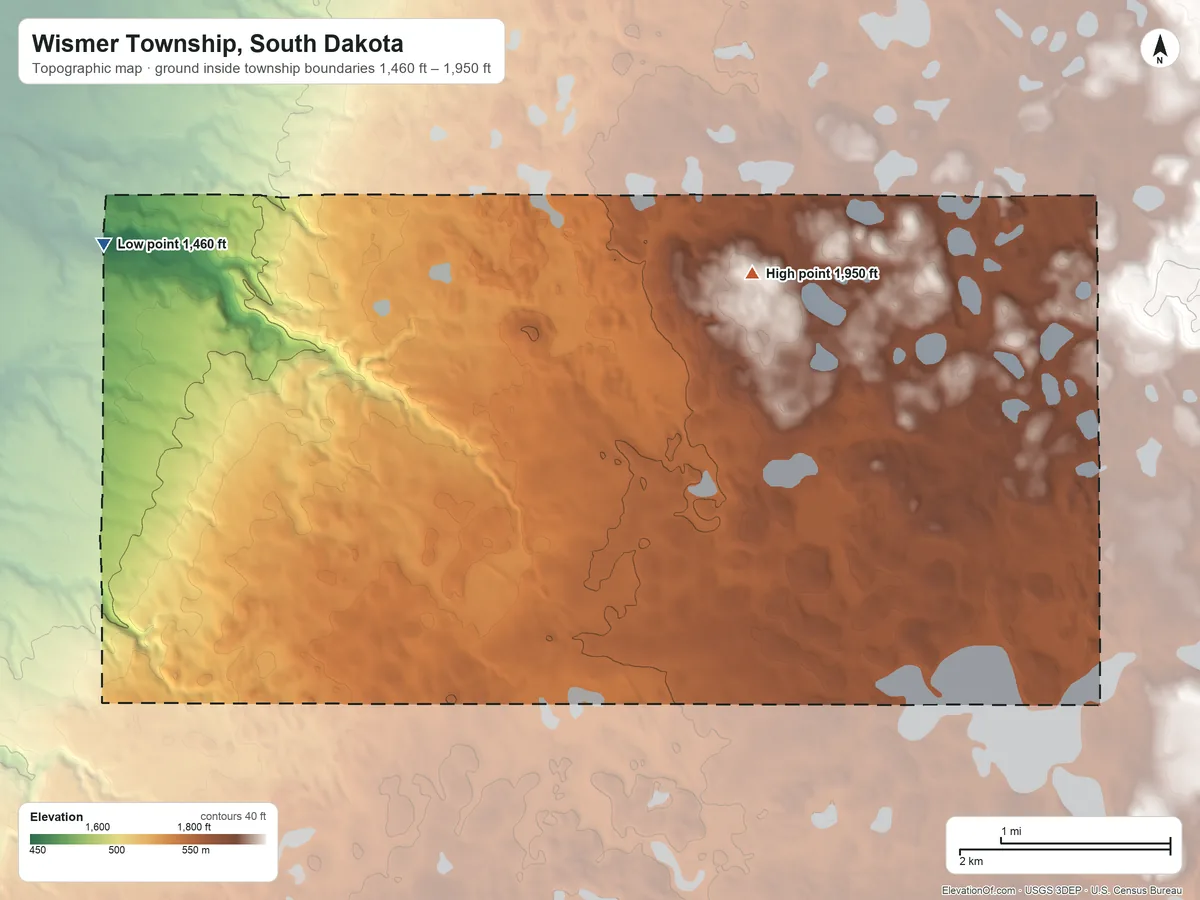 Topographic elevation map of Wismer Township, South Dakota, shaded from 1,460 ft on the northwest side to 1,950 ft on the northeast side