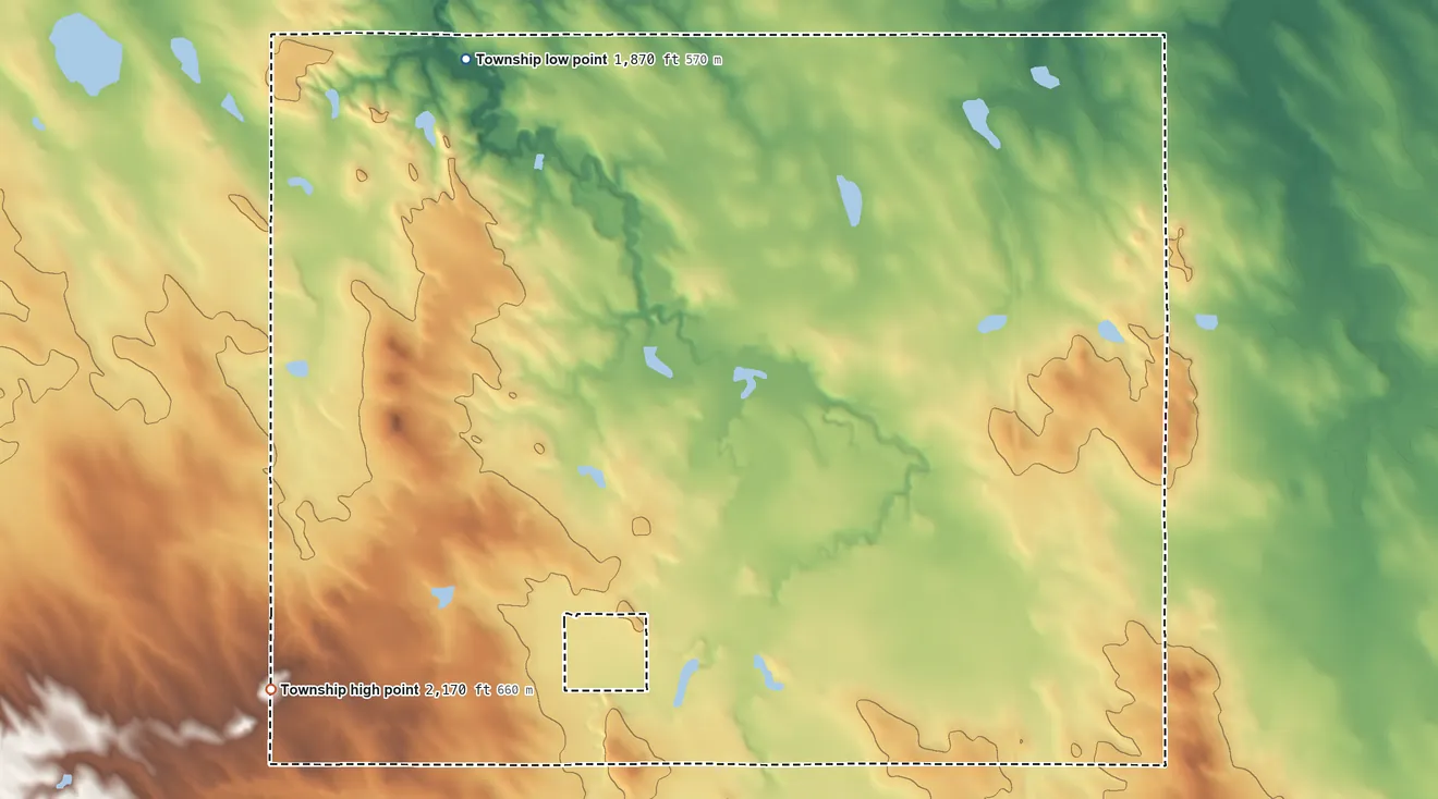 Topographic elevation map of Witten Township, South Dakota, shaded from 1,870 ft on the northwest side to 2,170 ft on the southwest side