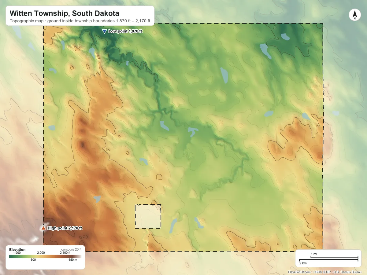 Topographic elevation map of Witten Township, South Dakota, shaded from 1,870 ft on the northwest side to 2,170 ft on the southwest side