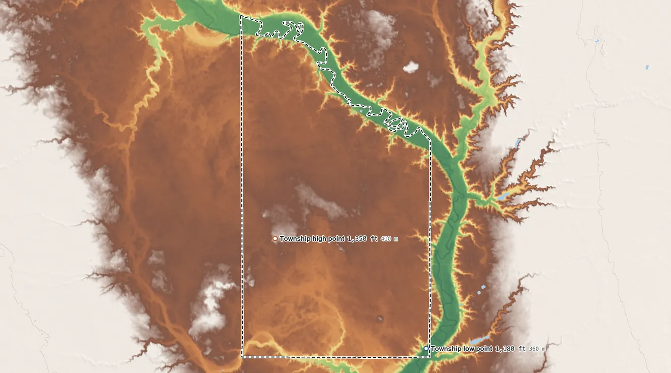 Topographic elevation map of Wittenberg Township, South Dakota, shaded from 1,180 ft on the south side to 1,350 ft on the southwest side