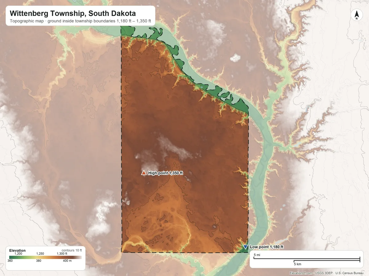 Topographic elevation map of Wittenberg Township, South Dakota, shaded from 1,180 ft on the south side to 1,350 ft on the southwest side