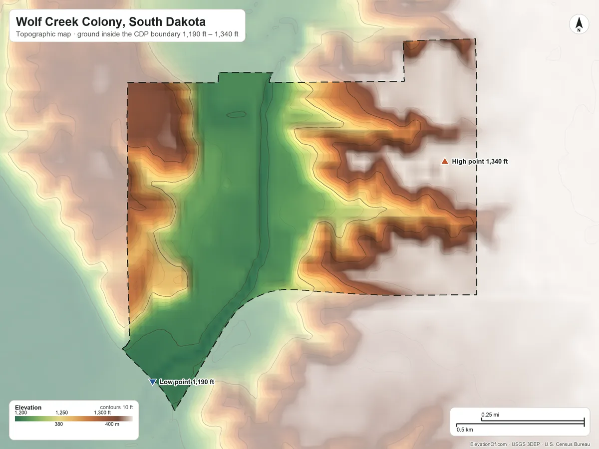 Topographic elevation map of Wolf Creek Colony, South Dakota, shaded from 1,190 ft on the southwest side to 1,340 ft on the east side
