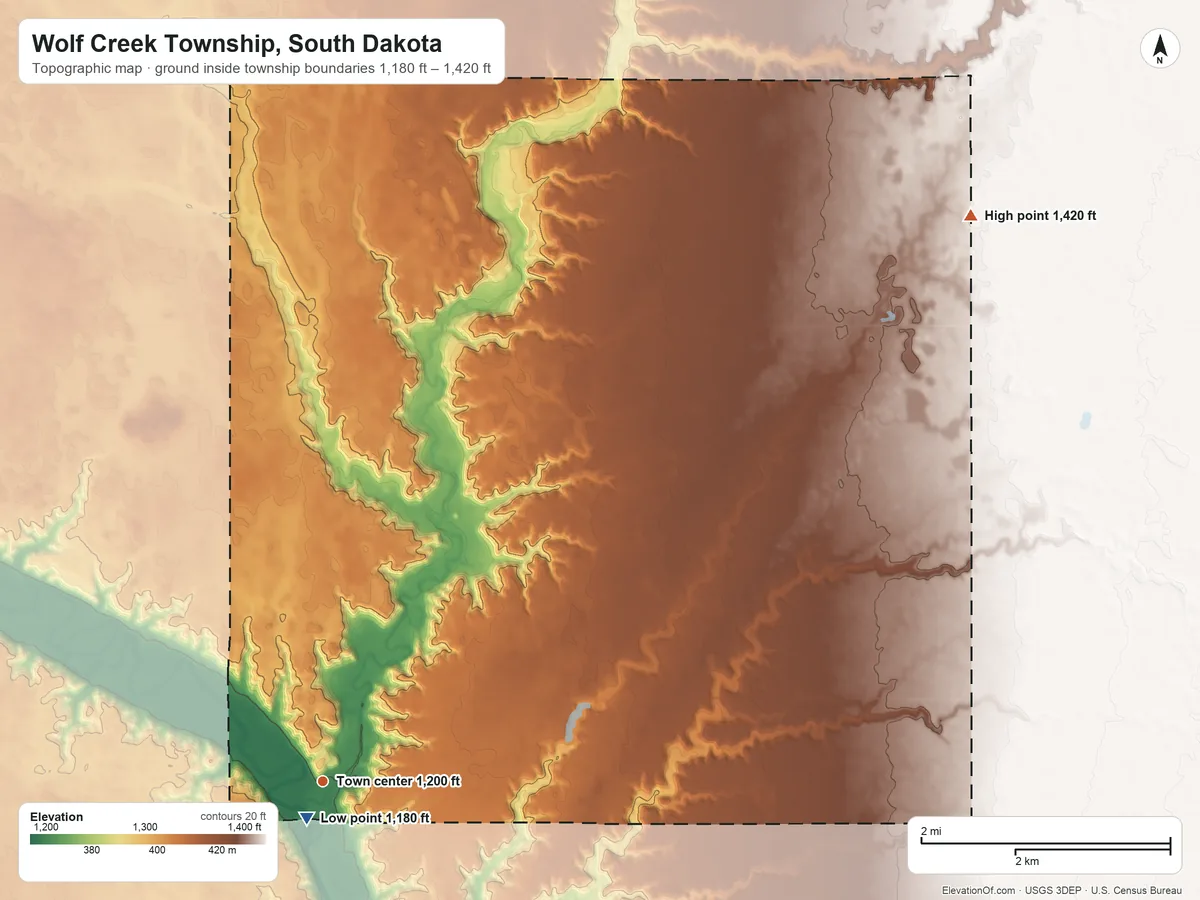 Topographic elevation map of Wolf Creek Township, South Dakota, shaded from 1,180 ft near the middle to 1,420 ft on the northeast side