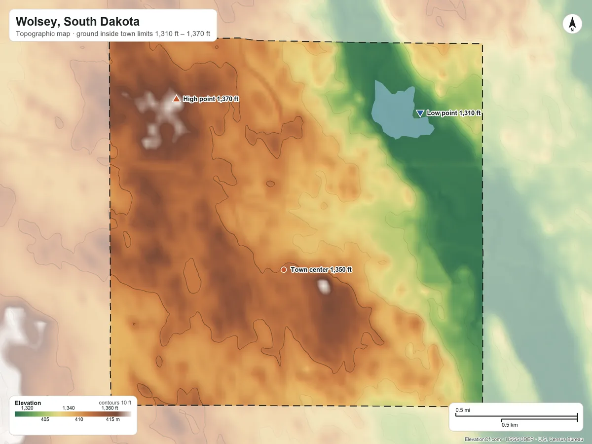 Topographic elevation map of Wolsey, South Dakota, shaded from 1,310 ft on the northeast side to 1,370 ft on the northwest side