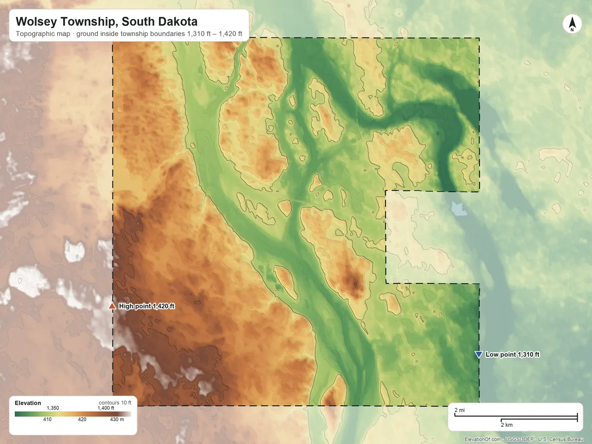 Topographic elevation map of Wolsey Township, South Dakota, shaded from 1,310 ft on the southeast side to 1,420 ft on the west side