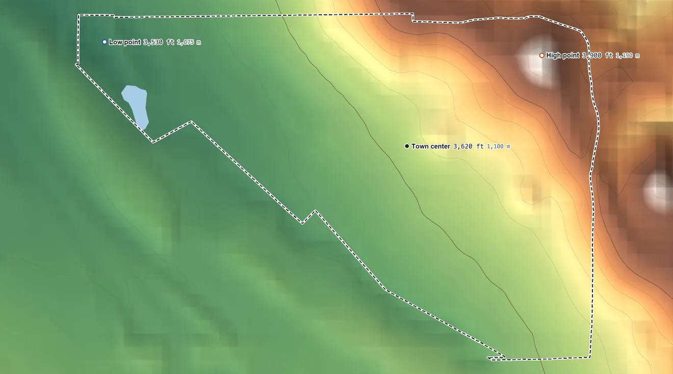 Topographic elevation map of Wonderland Homes, South Dakota, shaded from 3,530 ft on the west side to 3,900 ft on the northeast side