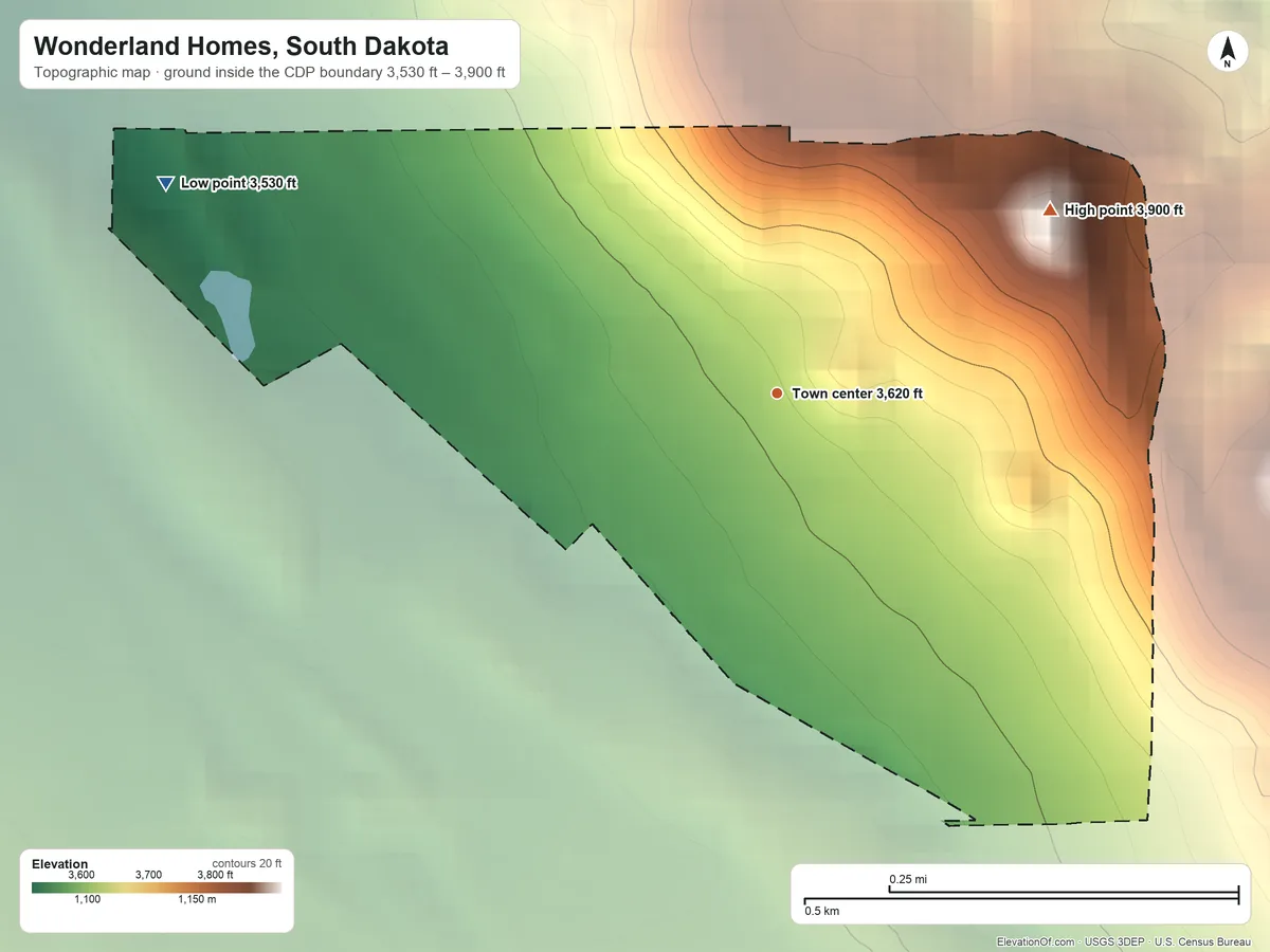 Topographic elevation map of Wonderland Homes, South Dakota, shaded from 3,530 ft on the west side to 3,900 ft on the northeast side