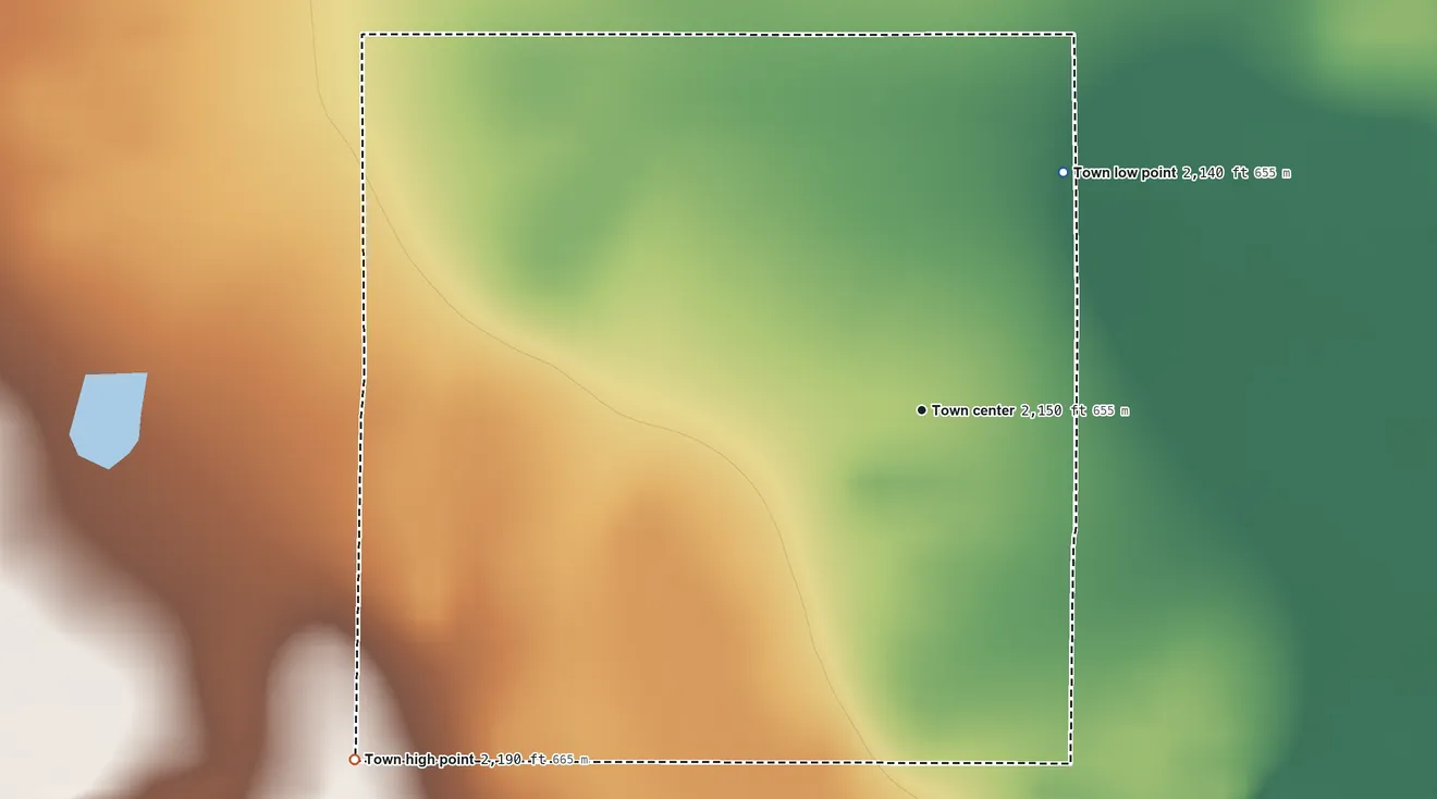 Topographic elevation map of Wood, South Dakota, shaded from 2,140 ft on the northeast side to 2,190 ft on the southwest side
