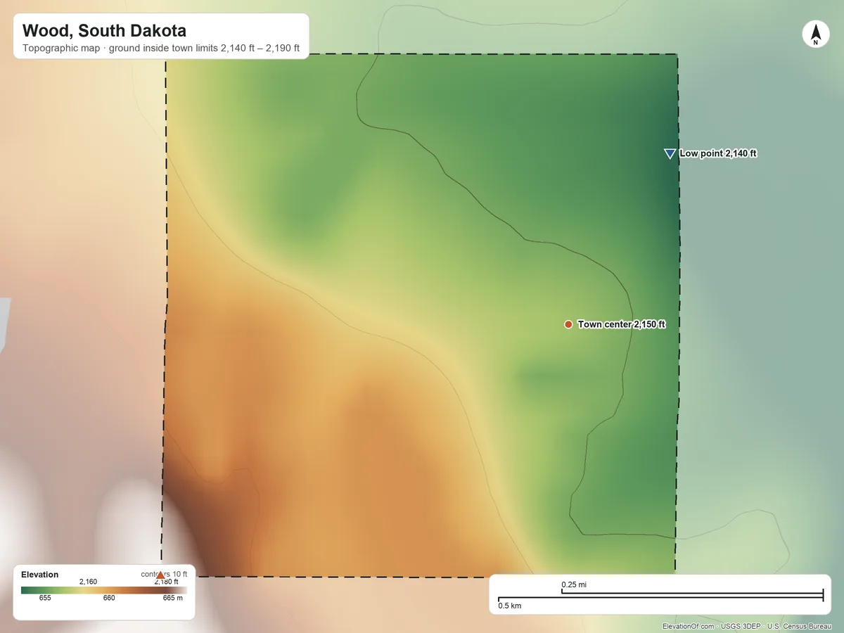 Topographic elevation map of Wood, South Dakota, shaded from 2,140 ft on the northeast side to 2,190 ft on the southwest side