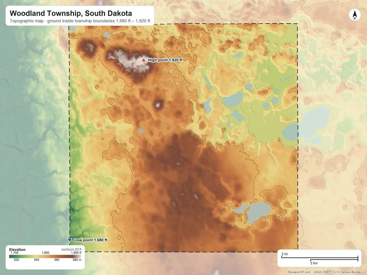 Topographic elevation map of Woodland Township, South Dakota, shaded from 1,680 ft on the southwest side to 1,920 ft on the north side