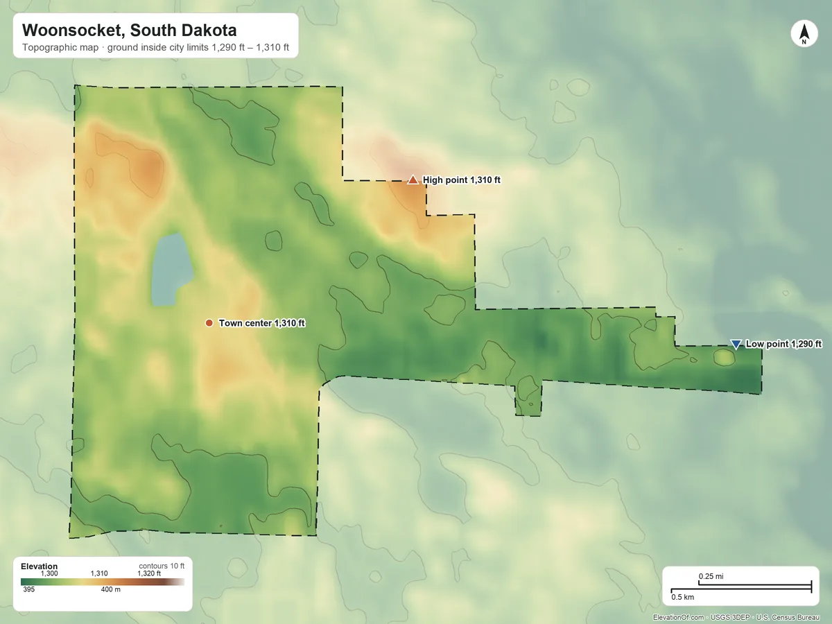 Topographic elevation map of Woonsocket, South Dakota, shaded from 1,290 ft on the east side to 1,310 ft on the northeast side
