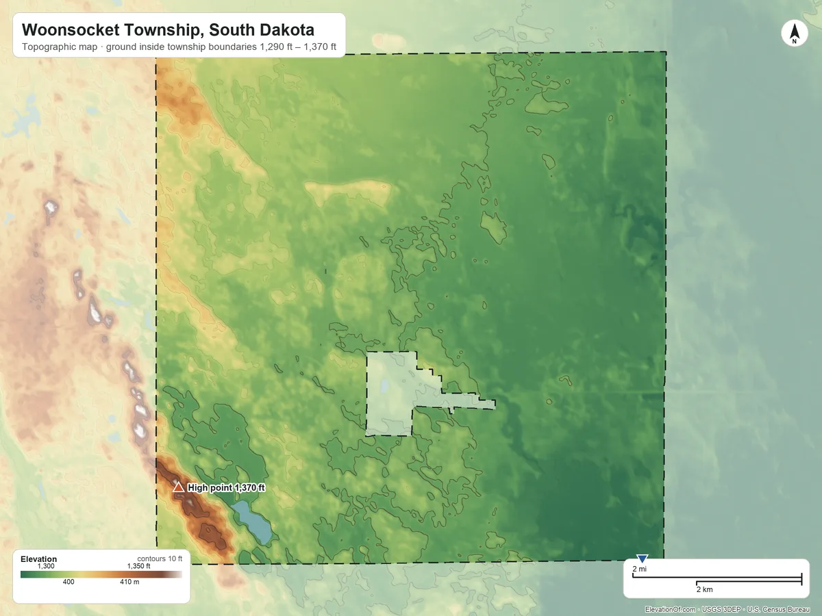 Topographic elevation map of Woonsocket Township, South Dakota, shaded from 1,290 ft on the southeast side to 1,370 ft on the southwest side
