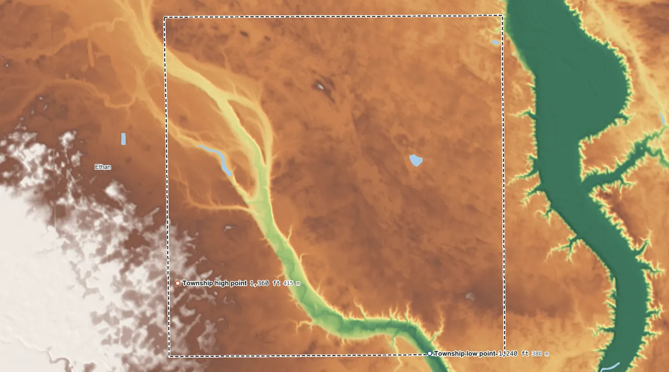 Topographic elevation map of Worthen Township, South Dakota, shaded from 1,240 ft on the southeast side to 1,360 ft on the southwest side