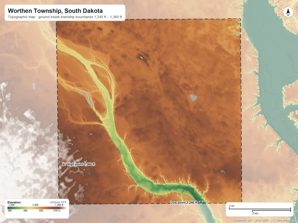 Topographic elevation map of Worthen Township, South Dakota, shaded from 1,240 ft on the southeast side to 1,360 ft on the southwest side