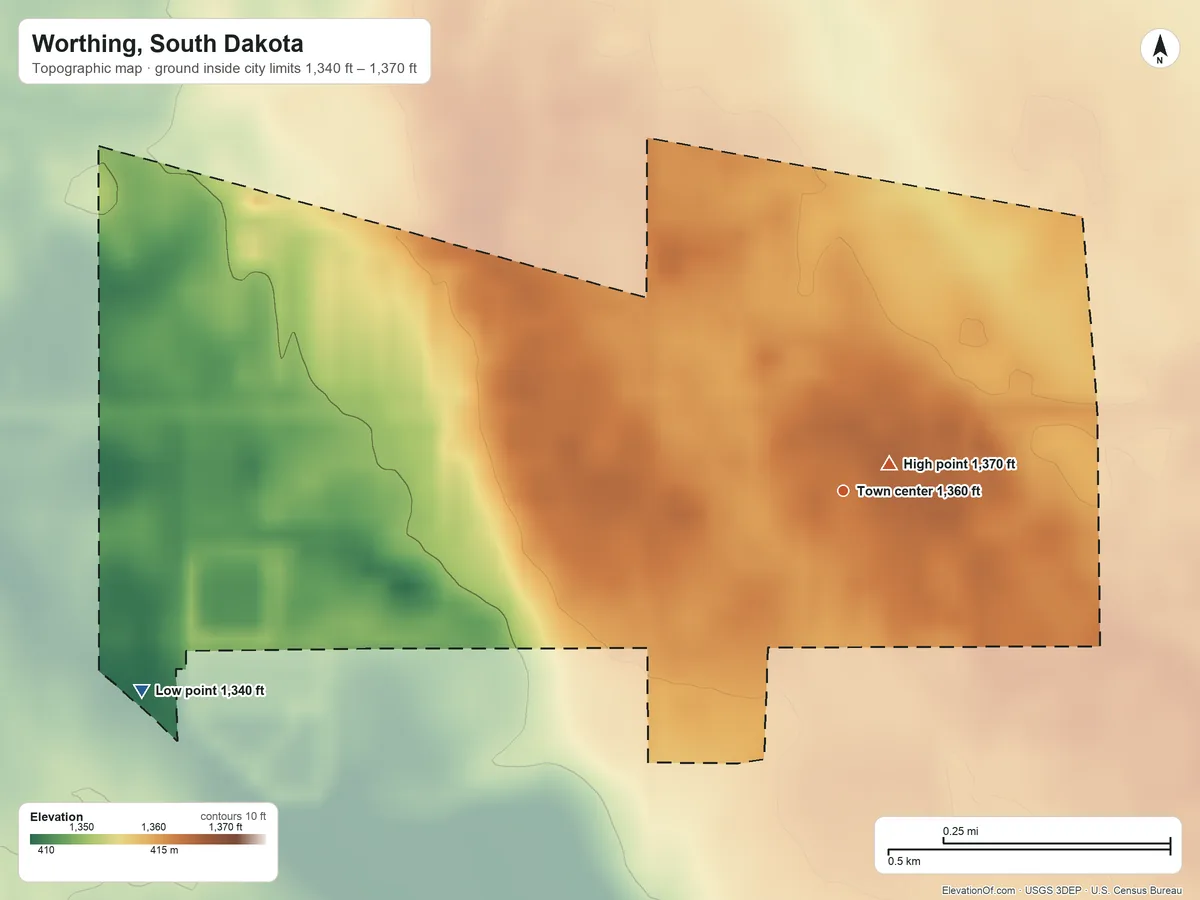 Topographic elevation map of Worthing, South Dakota, shaded from 1,340 ft on the west side to 1,370 ft near the middle