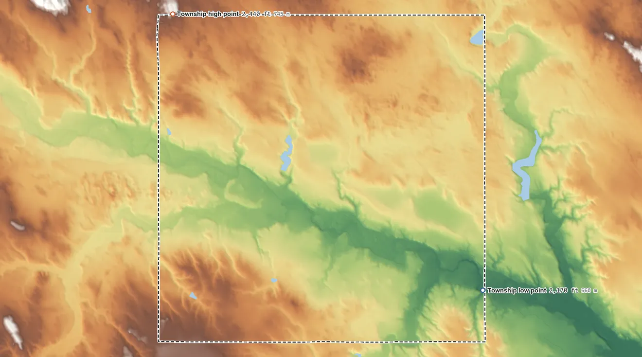 Topographic elevation map of Wortman Township, South Dakota, shaded from 2,170 ft on the southeast side to 2,440 ft on the northwest side