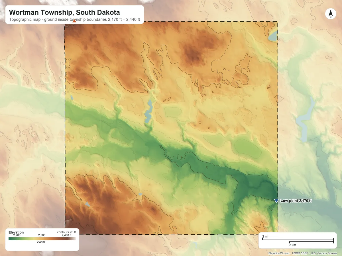 Topographic elevation map of Wortman Township, South Dakota, shaded from 2,170 ft on the southeast side to 2,440 ft on the northwest side