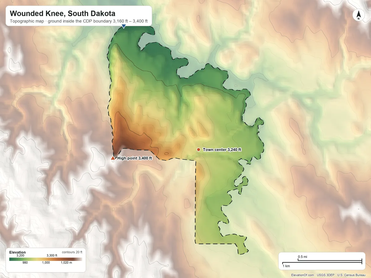 Topographic elevation map of Wounded Knee, South Dakota, shaded from 3,160 ft on the northwest side to 3,400 ft on the west side