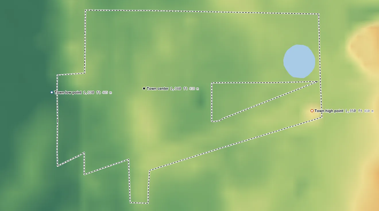 Topographic elevation map of Yale, South Dakota, shaded from 1,330 ft on the west side to 1,350 ft on the east side
