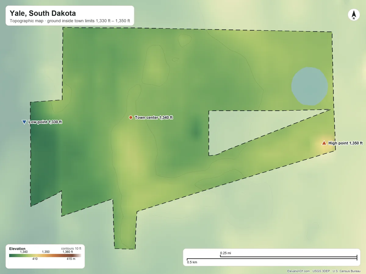Topographic elevation map of Yale, South Dakota, shaded from 1,330 ft on the west side to 1,350 ft on the east side
