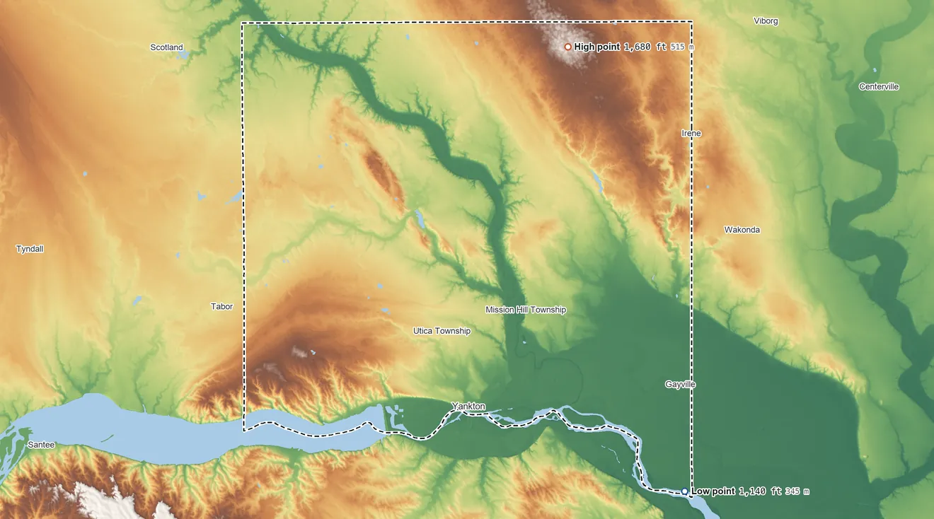 Topographic elevation map of Yankton County, South Dakota, shaded from 1,140 ft on the southeast side to 1,680 ft on the northeast side