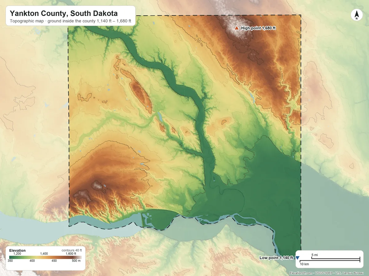Topographic elevation map of Yankton County, South Dakota, shaded from 1,140 ft on the southeast side to 1,680 ft on the northeast side