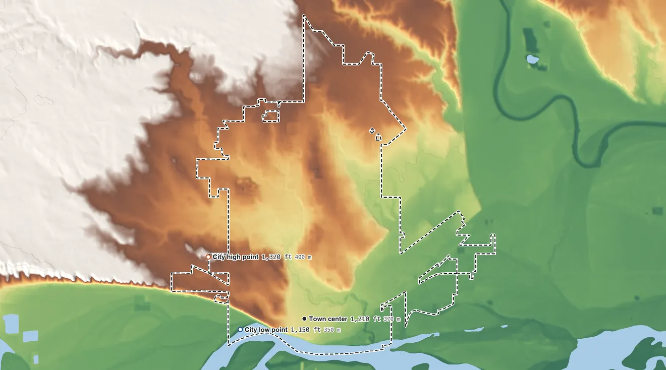 Topographic elevation map of Yankton, South Dakota, shaded from 1,150 ft on the west side to 1,320 ft on the northwest side