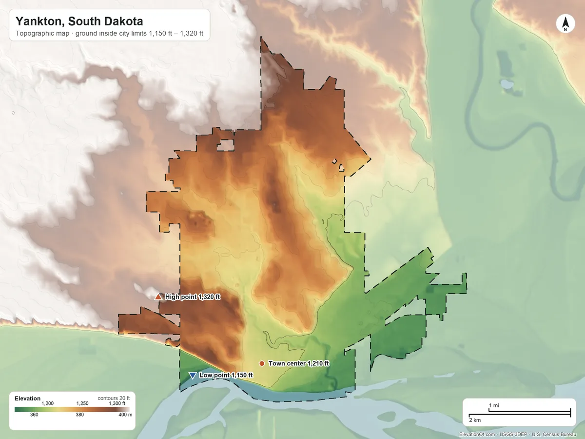Topographic elevation map of Yankton, South Dakota, shaded from 1,150 ft on the west side to 1,320 ft on the northwest side