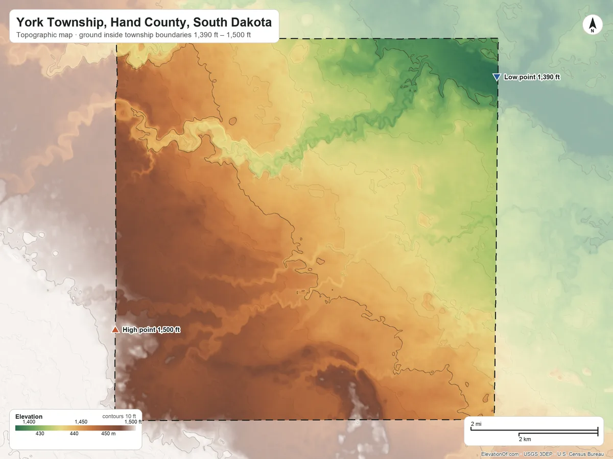 Topographic elevation map of York Township, Hand County, South Dakota, shaded from 1,390 ft on the northeast side to 1,500 ft near the middle
